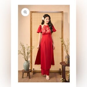 Red Short Sleeves Modern Ao Dai (with pants)